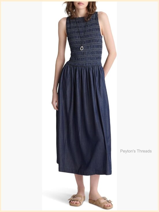 Dresses & Skirts - Smocked Boatneck Maxi Denim Dress with Pockets